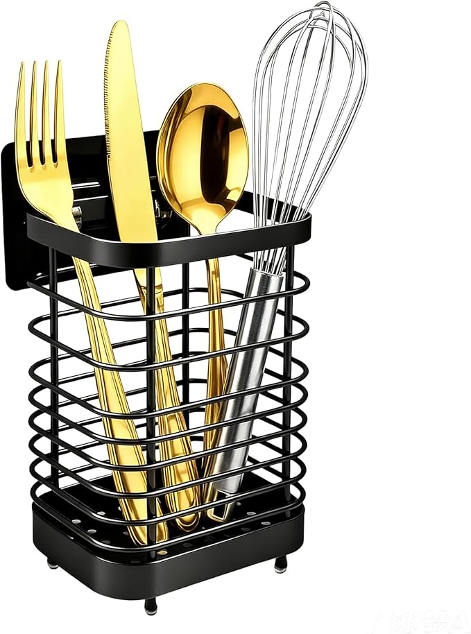 Stainless Steel Utensil Holder & Drying Rack for Kitchen Sink, Wall Mountable and Tabletop Cutlery Drainer Caddy for Spoons, Forks, Chopsticks (black)