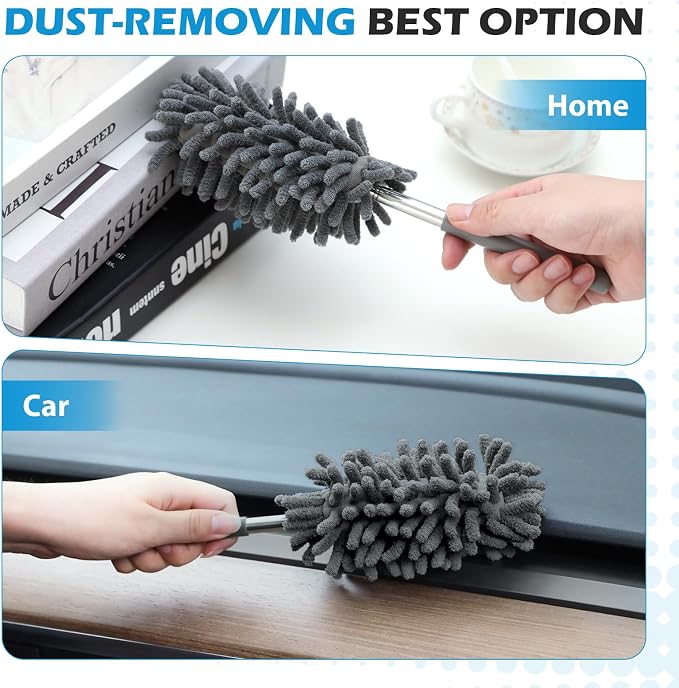 ZZ LAZYCOTTAGE 12 Pack High Duster with Extension Pole, Reusable & Washable Feather Duster, Microfiber Dusters for Cleaning for Ceiling Fan, Sofas, Ceiling, Car, Cabinet, Furniture, Blind(Gray)