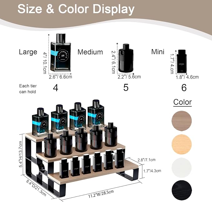 Cologne Organizer for Men,Perfume Organizer for Dresser,3 Tier Bathroom Organizer,Makeup Organizers,Wooden Display Riser Stand Holder for Vanity,Bedroom(Walnut-Width=11.2")