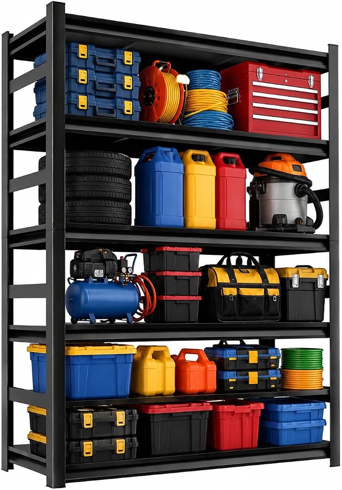 Garage Shelving, Heavy Duty Storage Shelves with Anti-Fall Rails | 2400 LBS metal shelving with Adjustable Industrial Steel Rack for garage, basement, pantry, kitchen and warehouse storage