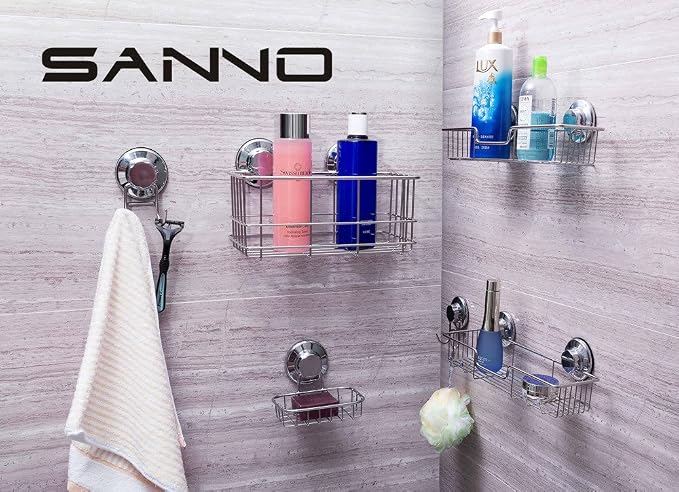 SANNO Powerful Vacuum Suction Cup Hooks for Shower Flat Smooth Wall Surface Towel Robe Bathroom Kitchen Shower Bath Coat,NeverRust Stainless Steel Black (4 Pack)