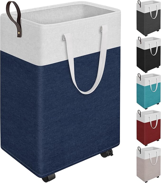 HomeHacks 90L Rolling Laundry Basket with 4 Wheels Collapsible Blue | 4 Wheels, Waterproof PEVA Lining, Cotton Flax Fabric, Metal Frame, Bathroom Laundry Room Dorm Storage, Space-Saving Design