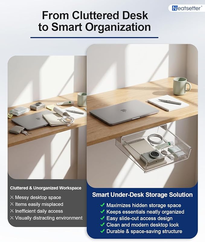 Clear Storage Drawer – 25° Tilted Front, Self-Adhesive Organizer for Bathroom, Kitchen & Office (Large)