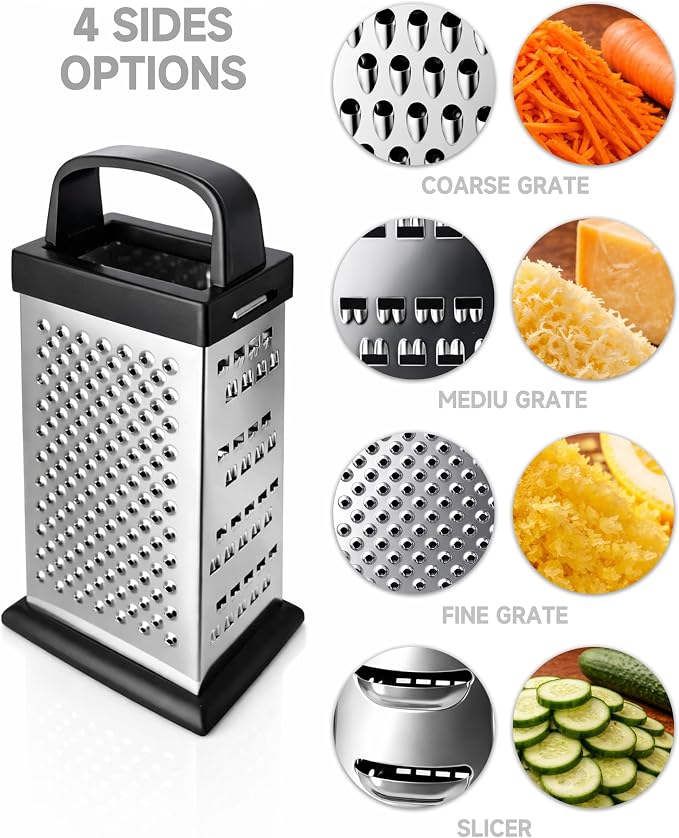 Cheese Grater, 4-Sided Mini Box Grater, Stainless Steel | For cheese, Parmesan & vegetables, compact 4-sided design, dishwasher safe for easy cleaning