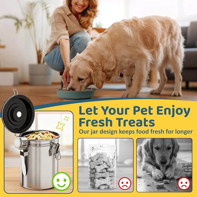 ENONCI Dog Treat Container Airtight,5.9"x4.7" Stainless Steel Cat Treat Jar for Kitchen Counter with Scoop, Pet Storage for Fresh Dog Cookie