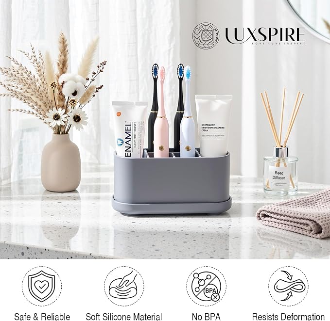 Luxspire Toothbrush Holders for Bathrooms, Silicone, 5 Slots, Gray | Toothbrush Organizer with Suction Cup Tray, Toothbrush Holder with Drainage for Bathroom Countertop
