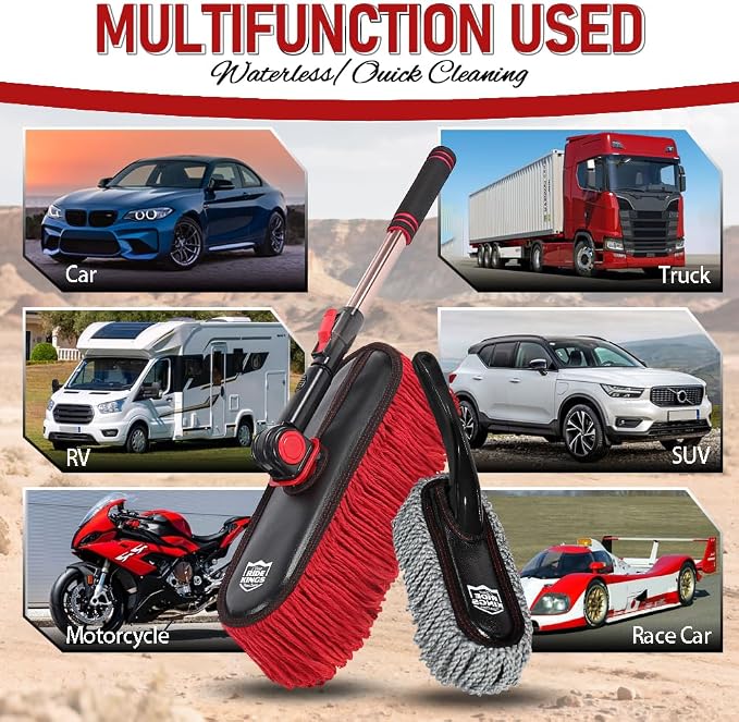 Car Duster Set, Loop End, 3 Pcs | Telescoping pole for truck exterior. Traps pollen without water; do not wash. Interior dash brush & storage bag included.