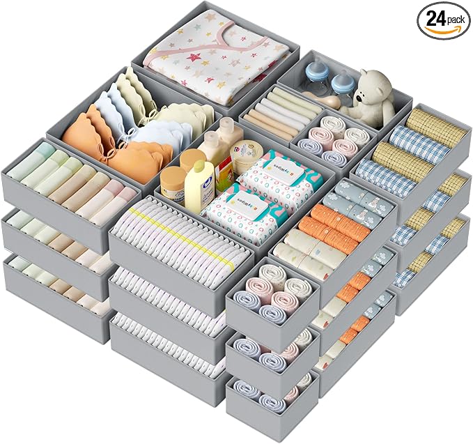 DIMJ Drawer Organizer Clothes Storage - 24 Pack Baby Dresser Organizer for Nursery, Foldable Closet Drawer Organizer Bins for Bedroom Organization, Fabric Storage Dividers for Socks, Underwears, Bras