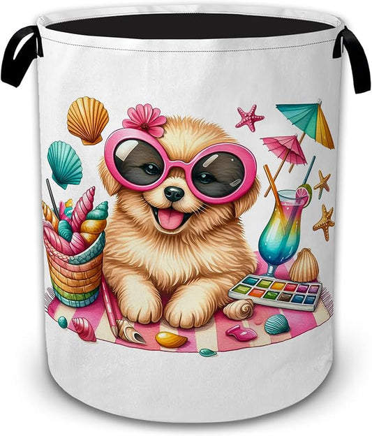 Beach Puppy Summer Vacation Collapsible Laundry Hamper for Bedroom, Freestanding Oxford Clothes Basket, Large Foldable Storage Bin with Easy-Carry Handles for Bathroom Dorm Laundry Room
