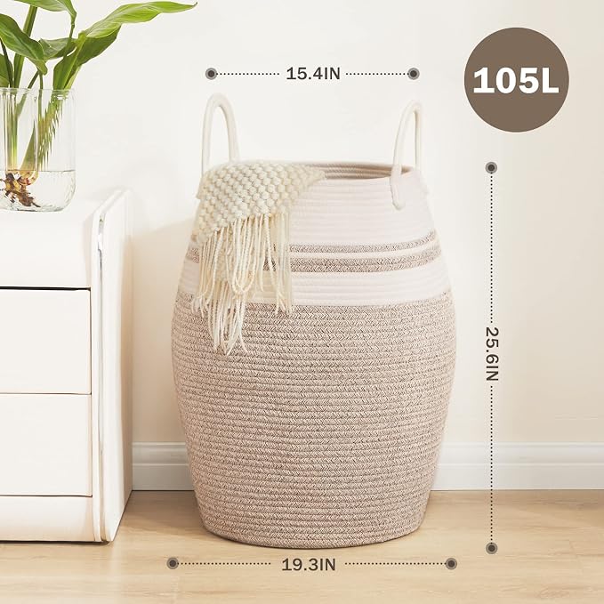 Extra Large Laundry Hamper Basket 105L Woven Blanket Basket, Brown & White | Tall Clothes Hamper, Rope Wicker Laundry Basket, Storage Basket for Toys, Dirty Cothes in Bedroom, Living Room Organizer