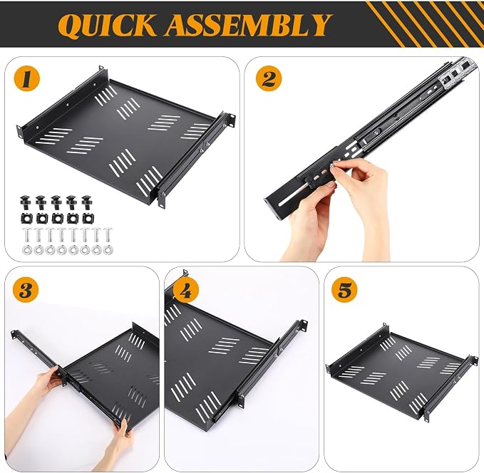 2 Pcs 1U Sliding Rack Shelf, Standard 19 Inch 4-Post Server Rack Adjustable Mounting 15-29 Inch Depth Vented Cantilever Shelf,Support up to 40 LBS Network Cabinet, AV Racks IT Equipment