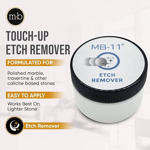 MB Stone MB-11® Touch-Up Etch Remover Marble Polishing Powder for use with Light and Neutral Colored Calcite-Based not for Matte or Dark Stone Light to Medium Etches Only 1 oz Can