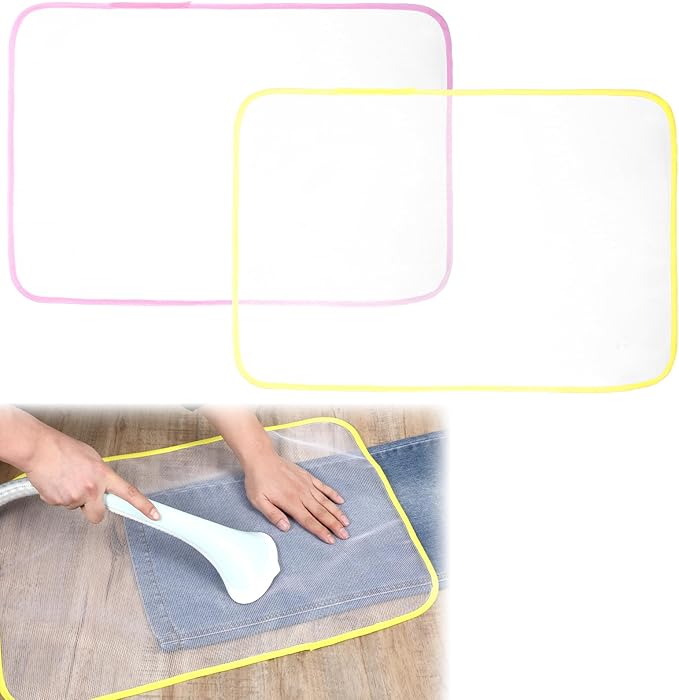 2 Pack Pressing Cloth for Ironing, Pink and Yellow Ironing Cloth to Protect Clothes, Heat Resistant Mesh Iron Mat Pad for Sewing Ironing Fabric Protect