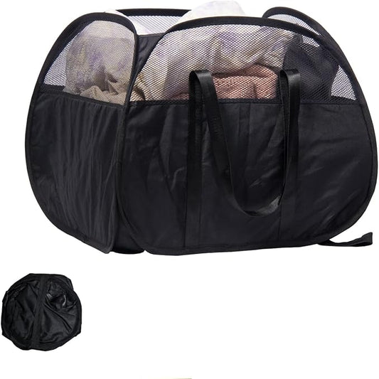 Collapsible Laundry Basket, 90L Tear Proof Mesh Pop-up Hamper | Foldable Storage Clothes Bag with Reinforced Handles for Bathroom, Kids Room, Dorm, Travel, Camping, Space-saving, Black