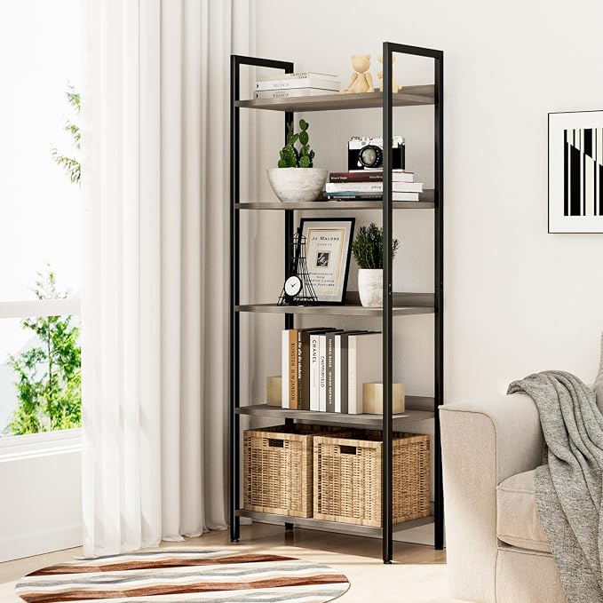 NUMENN Bookshelf, 5 Tier Freestanding Shelving Unit, Grey | Metal Frame & Wood Shelves, Falling Prevention Baffle, Open Storage Bookcase for Bedroom, Living Room & Home Office