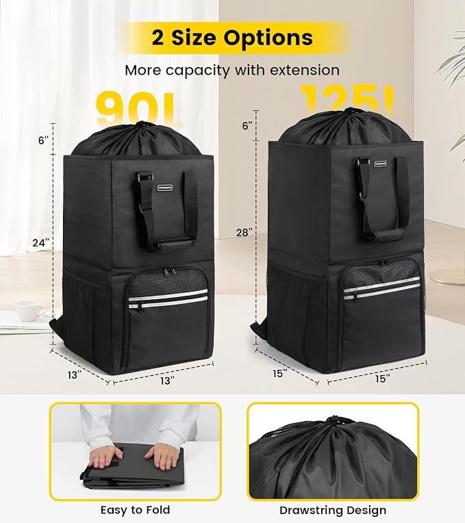 Vorspack Laundry Bag Backpack - 125L Extra Large Laundry Bags with Shoulder Straps Heavy-duty 2 in 1 Laundry Hamper Basket for College Dorm Camp Laundromat Room Essentials - Black