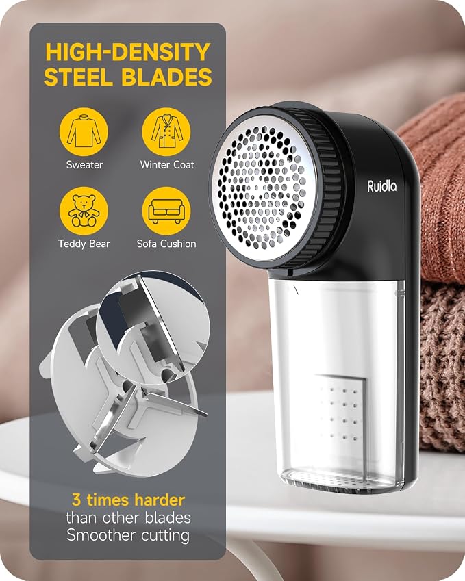 Ruidla Fabric Shaver Lint Remover, Sweater Shaver to Remove Pilling | Lint Shaver with 2-Speed Power Adjustment, Fuzz Shaver for Clothes Balls-Battery Operated, Easy Removable Bin for Fuzz(Black)