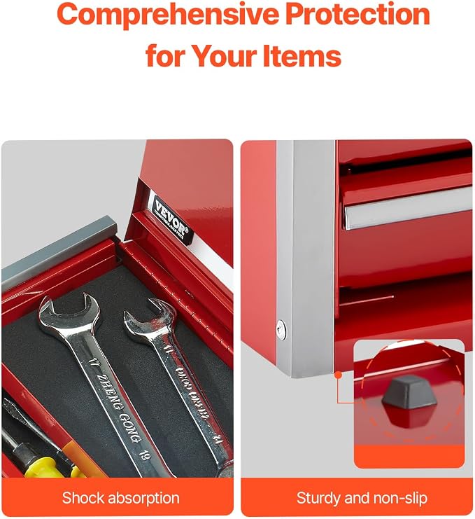 VEVOR Metal Tool Box, 8.6-inch, Portable Metal Tool Box with 3 Drawers, Small Tool Chest with EVA Liners and PP Feet Pads, Heavy-Duty Steel With Ball Bearing Opening and Powder Coated Finish, Red