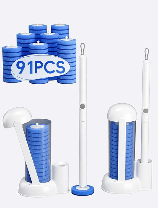 Disposable Toilet Brush System, Toilet Bowl Cleaning Wand with Lift-to-Open Refill Case, Blue Refill Heads and Freestanding Holder, 2 Wand and Holder Sets with 91 Blue Refills