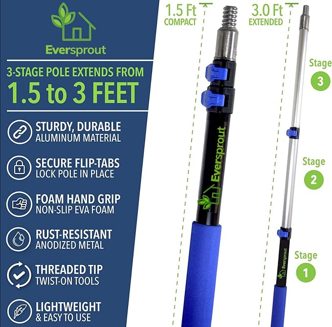 EVERSPROUT Ceiling Fan Duster with 3 Foot Pole, Bendable Microfiber Cleaner | Extends 1.5 to 4.5 Feet, 8-10 Foot Standing Reach, for Celiling Fans, Blinds, Shelves, Walls and More, Machine Washable