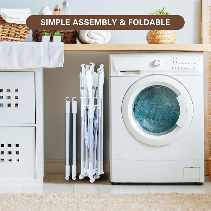Foldable Clothes Drying Rack with Extendable Rod and Wheels | Folding clothes drying rack Double Rod Extendable 33.1–56.7 Inches,with Wheels, Sweater Drying Net, Hat Hanger