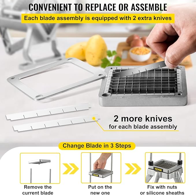 VEVOR Replacement Chopper Blade, 1/4 inch, 3 PCS French Fry Blade Assembly with 6 Extra Knives, Stainless Steel Dicer Parts and Push Block for Cutting Potatoes Carrots Onions Cucumbers Mushrooms