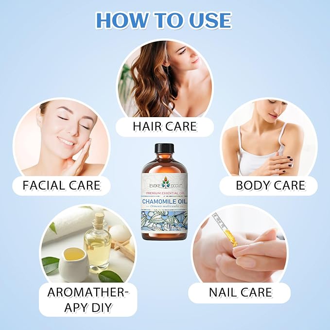 EVOKE OCCU Chamomile Essential Oil for Skin Hair & Diffuser | Herbal Scent, Suitable for Use Before Sleep, During Yoga, for Massage, Nail Care, and DIY – 118mL / 4 fl oz