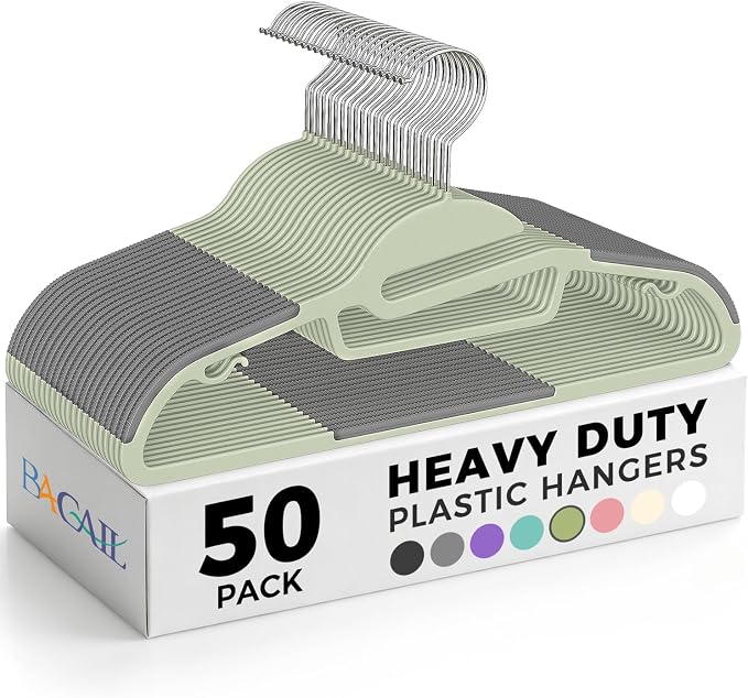 Heavy Duty Plastic Hangers 50 Pack with Non-Slip Design,0.2 Inches Thick,360°Swivel Hook Space Saving Organizer for Bedroom Closet,Shirts,Pants,Strong Enough for Coat(Matcha Green- S Shaped)