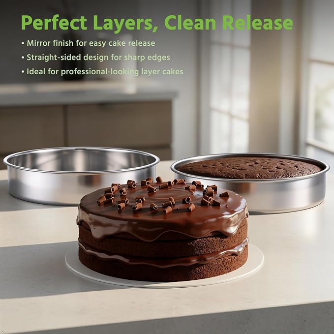 E-far 9 Inch Cake Pan Set of 3, Stainless Steel Round Cake Baking Pans, Non-Toxic & Healthy, Mirror Finish & Dishwasher Safe