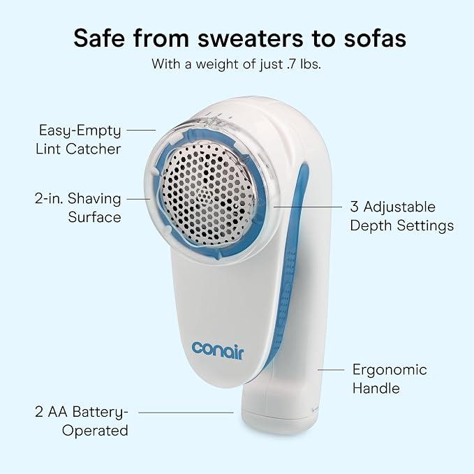 Conair Fabric Shaver and Lint Remover, Battery-Operated Portable Clothes Shaver with 3 Settings, Fuzz Remover for Sweaters, Clothing and Furniture, Large 2-Inch Shaving Head, White | Easy-to-store fabric shaver for clothing and furniture with 3 depth s...