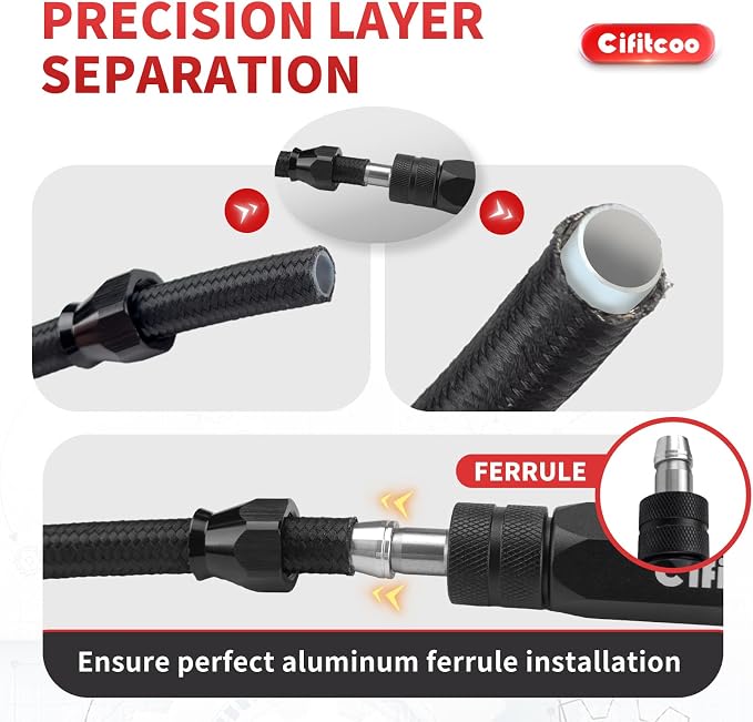 Dual-Size PTFE Hose Assembly Tool, PTFE Hose Reaming & Separate Tool, Fuel Line Bore Corrector for 6AN & 8AN Fuel Lines, Black Anodized Aluminum, Oil resistant & Durable Design