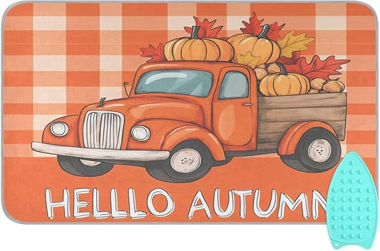 Autumn Truck Pumpkin Leaves Ironing Mat Portable Ironing Pad Blanket with Silicone Iron Rest for Table Top Travel Heat Resistant Double-Side Using Large 47x28 Inch Foldable