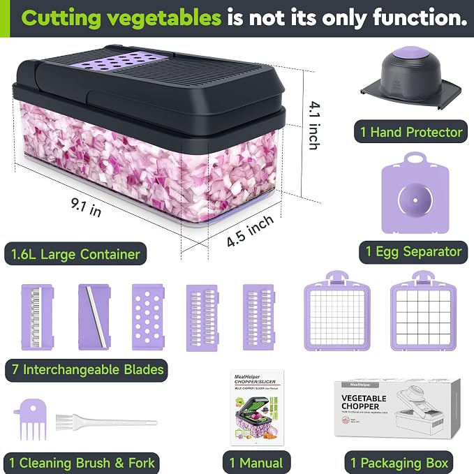 MealHelper 12-in-1 Vegetable Chopper, 7 Blade Veggie Chopper, Practical Food Chopper with Container, Cheese Grater, Home Essentials & Kitchen Gadgets(Purple)