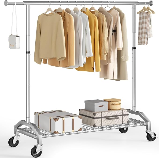 Wiracks Clothes Rack for Hanging Clothes 350lbs Heavy Duty Clothing Rack 51 to 71" W x 16.53" D x 65" to 71" H Adjustable Rolling Clothes Rack Coat Rack Garment Rack 3" industrial Wheels Silver