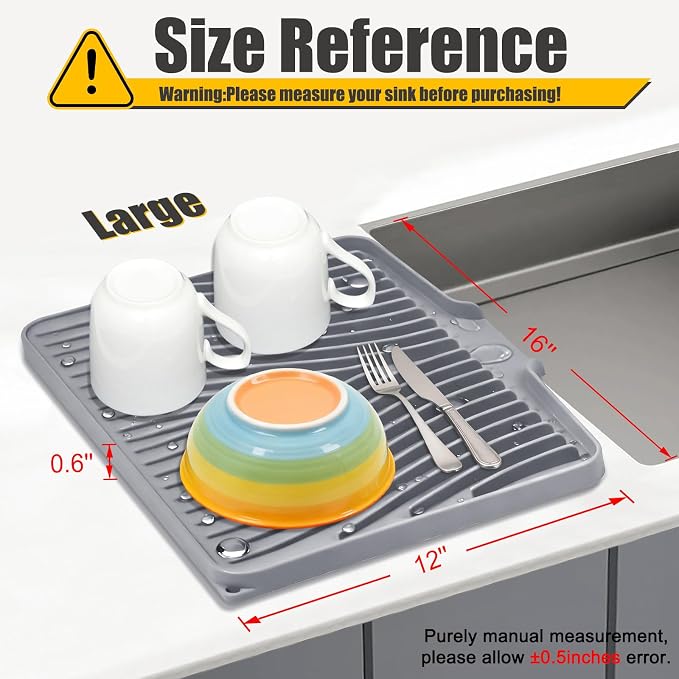 TIKNIK Silicone Dish Drying Mat for Kitchen Counter - Heat Resistant & Non-Slip Dish Drain Pad with Built-In Drain, Dishwasher Safe, Quick-Dry, Hangable & Roll-Up for Storage, Grey-1pcs, 16" x 12"