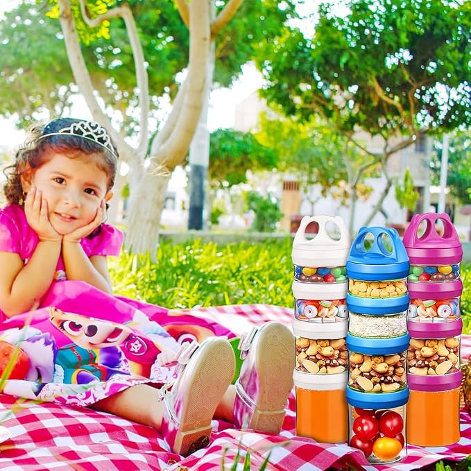 SELEWARE Stackable Snack Containers for Kids Toddlers, Red Blue & White | Portable Food Storage Containers for Snacks Formula Powder Drinks and Travel, Twist Lock System Airtight Leak-proof BPA Free