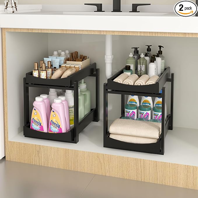 Bamboo Under Sink Organizer and Storage, 2 Pack Pull Out Cabinet Organization, 2 Tier Vertical Slide Out Undersink Storage Shelf, Multi-Purpose Organizer Shelves for Kitchen Bathroom Medicine