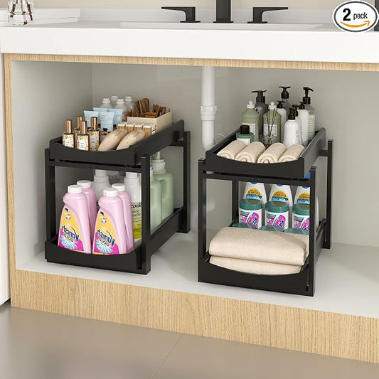 Bamboo Under Sink Organizer and Storage, 2 Pack Pull Out Cabinet Organization, 2 Tier Vertical Slide Out Undersink Storage Shelf, Multi-Purpose Organizer Shelves for Kitchen Bathroom Medicine