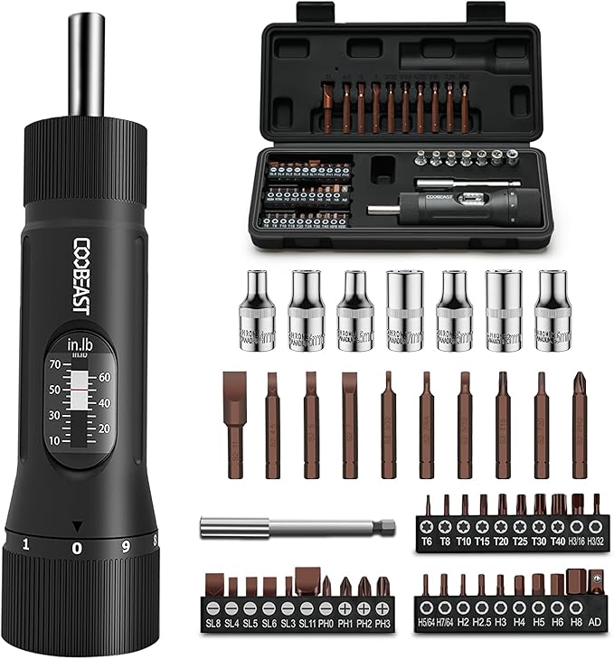coobeast 49Pcs Preset 1/4” Drive Torque Screwdriver with S2 Bits | Torque Wrench Screwdriver Set, for Maintenance,Tools,Bike Repairing,Mounting,Inch Pound Torque Range 10-70 In-lb