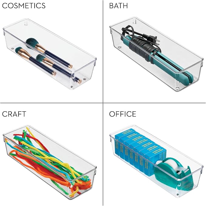 iDesign Plastic Drawer Organizer Bins, Set of 3, Clear | Storage for Kitchen, Storage for Bathroom, Storage for Desk Drawers