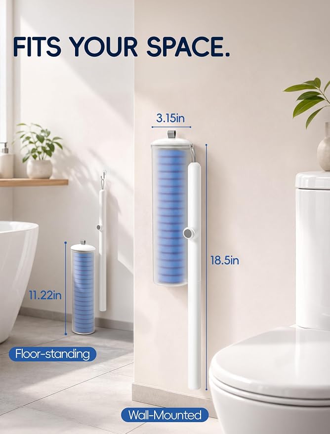 Disposable Toilet Brush Wand System, Toilet Bowl Cleaning Wand Kit with Disposable Refill Heads and Press Button Handle, for Daily Bathroom Cleaning Storage Box Set 1 Wand and 21 Refill Heads