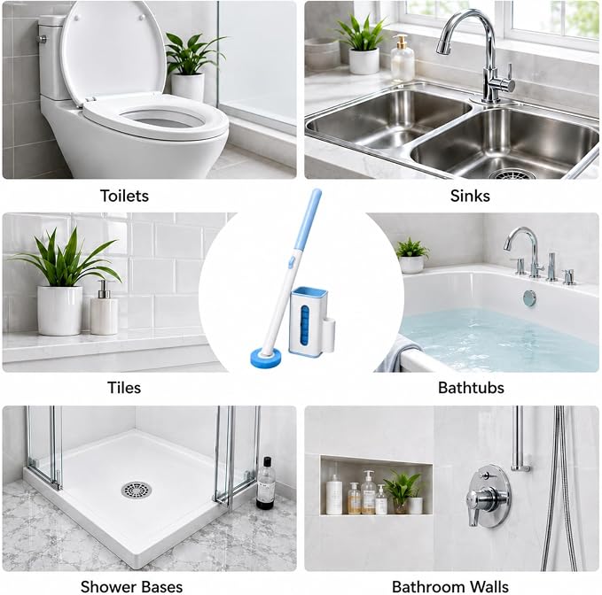 RV Toilet Brush, Wall Mount Bath Cleaning Brush Set, 16 Cleaner Refill | Hands-Free Toilet Bowl Wand Kit, Cleaning System Starter Kit, Bathroom Cleaning System for RV, Sink, Bathtub, Wash Basin