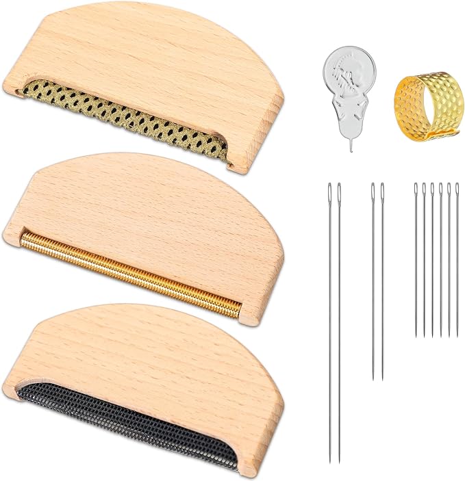 LemonRoad 3 Pcs Wooden Lint Comb 3 Styles Manual Portable Sweater Comb Manual Fabric Shaver with Sewing Needles Pill Remover Wooden Pilling Fuzz Remover Complete Garment Repair Kit for Clothing Care