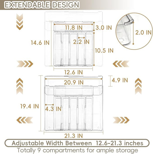 Expandable Silverware Organizers for Kitchen Drawer, Clear Utensil Drawer Organizer Tray, Adjustable Cutlery Flatware Holder for Spoon Fork Knife, Plastic Spatula Tools Gadgets Storage Divider