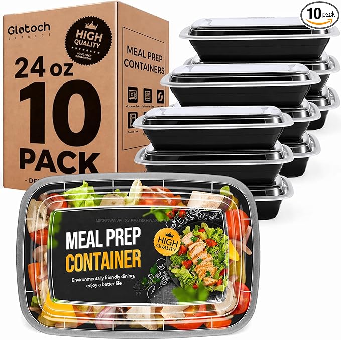 Glotoch 10-Pack Meal Prep Containers with Lids (20-Piece Set), 24 oz Reusable Food Storage Containers, Heavy-Duty Leakproof Bento Boxes, BPA-Free, Microwave/Freezer/Dishwasher Safe, Black