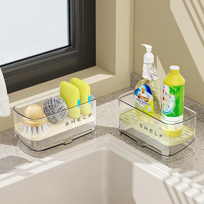 Sponge Holder for Kitchen Sink, Clear Acrylic Sink Organizer with Auto-Draining Tray, Countertop Sink Caddy for Sponges, Soap, Brush & Cleaning Tools