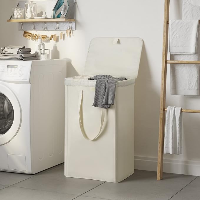 WOWLIVE 100L Laundry Hamper with Lid, Tall Dirty Laundry Basket for Dorm | Large Collapsible Dirty Clothes Hamper with 2 Removable Bags and Handles for Laundry Room, College Dorm, Beige