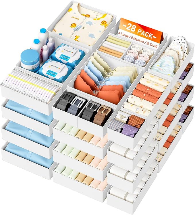 DIMJ Drawer Organizer Clothes - 28 Pack Baby Dresser Organizer for Nursery Closet Organization, Fabric Drawer Organizer Bins for Underwears Socks Bras, Foldable Storage Dividers for Bedroom