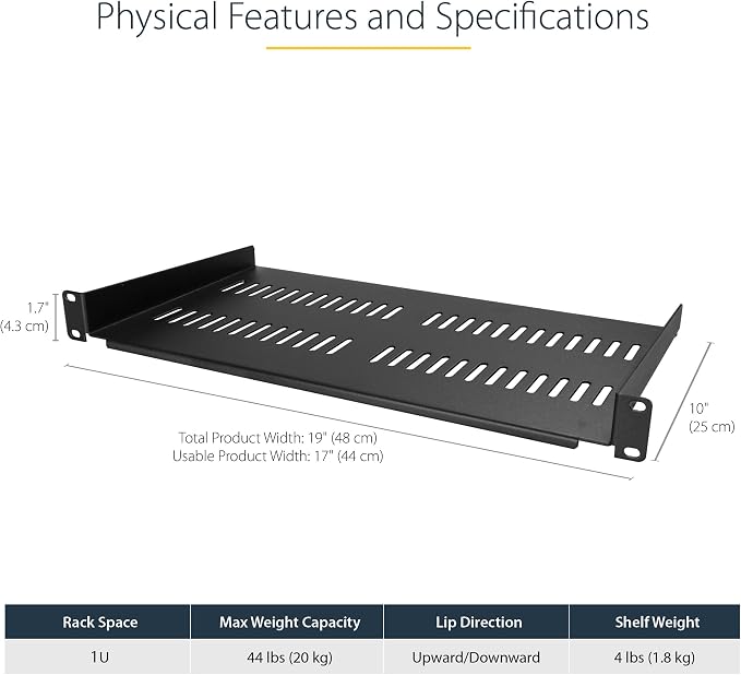 StarTech 2-Pack 1U Vented Rack Shelf, 10in, 44lb (CABSHELFV1U-2PK) | 19in network rack or cabinet fit, 20kg per shelf, 25cm deep, SPCC cold-rolled steel, Rackmount tray