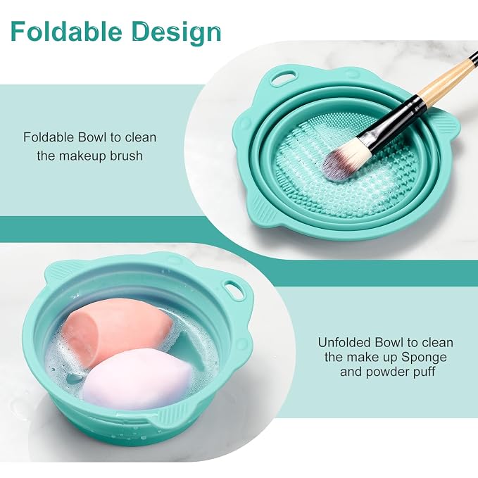 Foldable Silicone Makeup Brush Cleaner Bowl | Portable Cleaning Tool For Brushes, Powder Puffs, Sponges (Green)